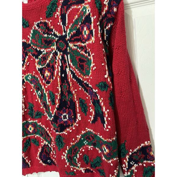 80s Northern Isles Hand Knit Ribbon Red Holiday Bow Sweater Medium Cottagecore - Picture 9 of 11